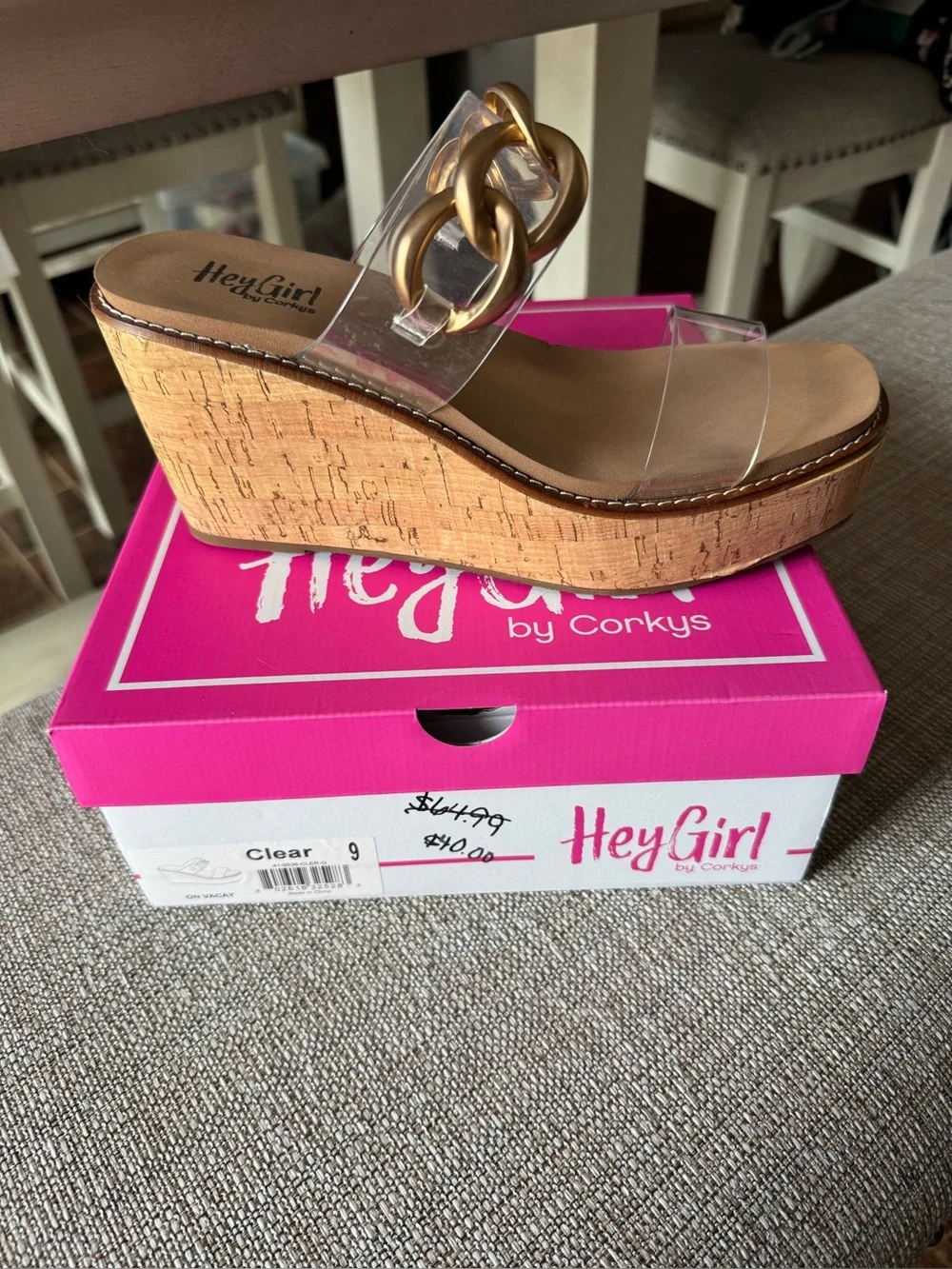 HeyGirl by Corky’s Clear Cork Wedge Sandals with Gold Chain Detail -NWT!